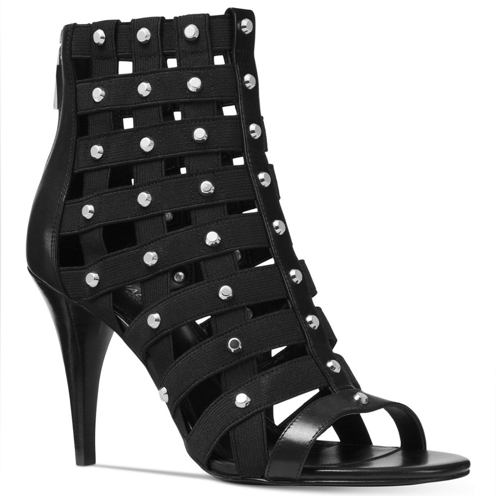Michael Kors Sherry Open Toe Caged Sandal Black Leather Womens 7 Silver Studded